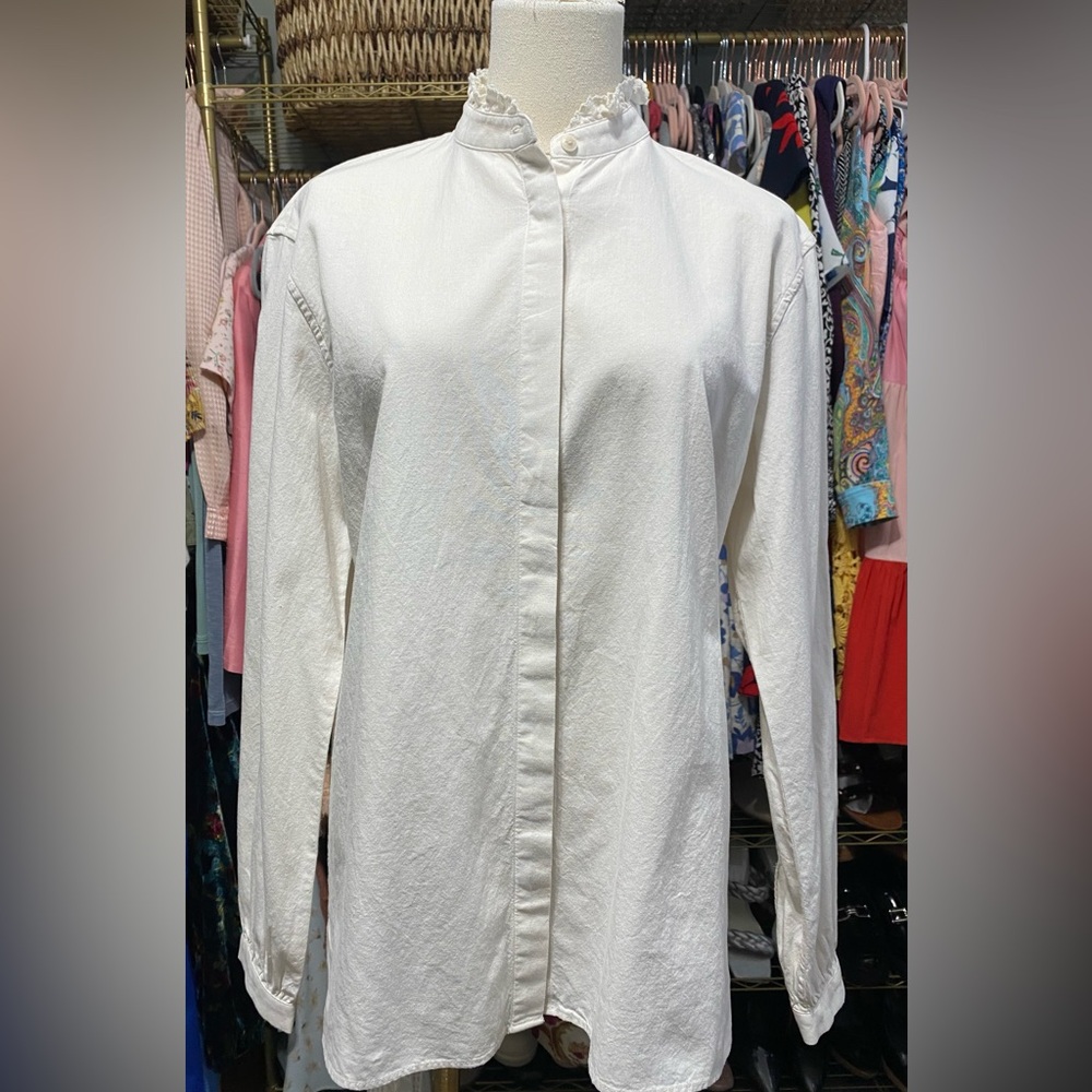 Uniqlo Ines de la Fressange White Frilled Stand Collar Button Down Shirt Size S.